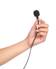 hand holding Microphone lapel or lavalier isolated on white background