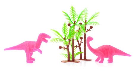 Tyrannosaur Rex and Apatosaurus made out of plastic. dinosaur toy isolated on white background © cloud7days