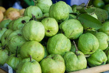 Close up image of guava fruits in a local fruit market of Bali