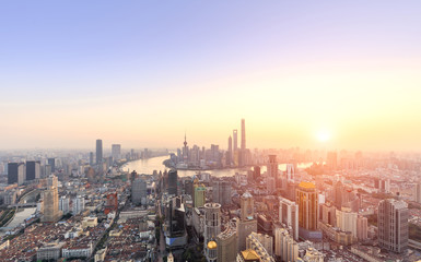 Shanghai skyline and cityscape at sunset	