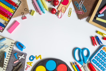 Back to school, education and  office work background concept. School supplies, stationery accessories on White background. Top view with copy space.