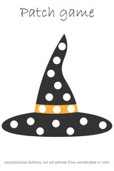 Education Patch game witch hat for children to develop motor skills, use plasticine patches, buttons, colored paper or color the page, kids preschool activity, printable worksheet, vector illustration