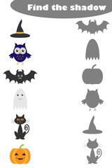 Find the shadow game with halloween pictures for children, education matching game for kids, preschool worksheet activity, task for the development of logical thinking, vector illustration