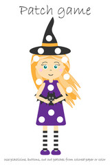 Education Patch game witch for children to develop motor skills, use plasticine patches, buttons, colored paper or color the page, kids preschool activity, printable worksheet, vector illustration