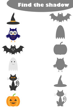 Find the shadow game with halloween pictures for children, education matching game for kids, preschool worksheet activity, task for the development of logical thinking, vector illustration