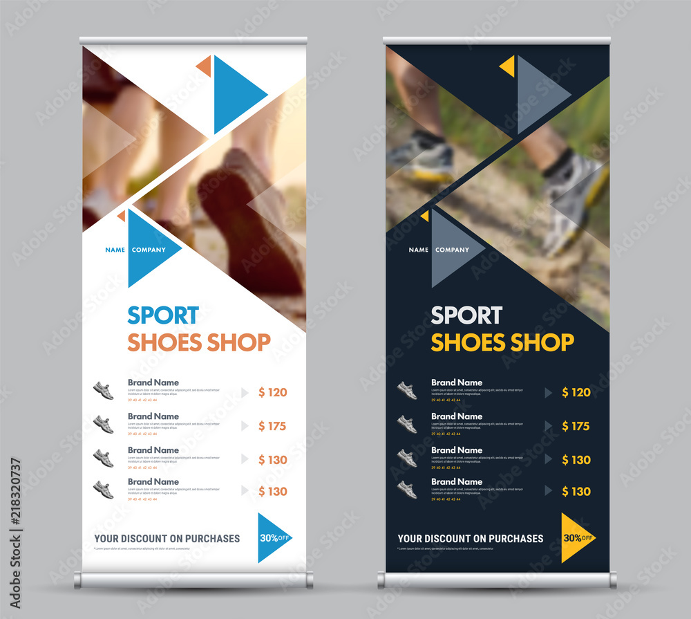 Poster Design of a universal vector roll-up banner with triangular elements and a place for photos.