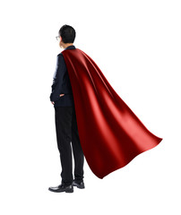 Rear angle view of Businessman in suit and cape hero isolated on white background . with clipping...