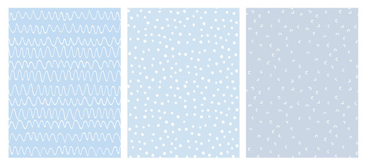 Abstract Hand Drawn Childish Vector Pattern Set. White Waves, Arches and Dots on a Various Blue Backgrounds. - obrazy, fototapety, plakaty