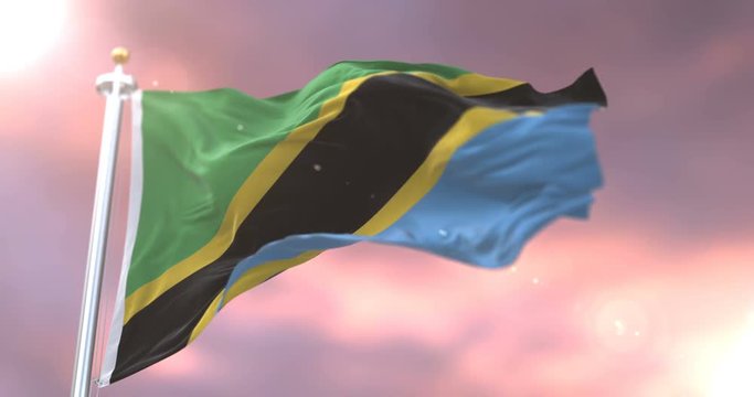 Flag of Tanzania waving at wind in slow at sunset, loop