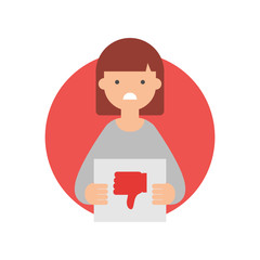 Girl holding cardboard plate with thumb down sign vector illustration