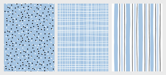 Hand Drawn Childish Style Vector Pattern Set. Blue and Black Vertical Stripe on a White Background. White Grid On a Blue Backround. White and Black Dots on a Blue Background. Cute Simple Design.