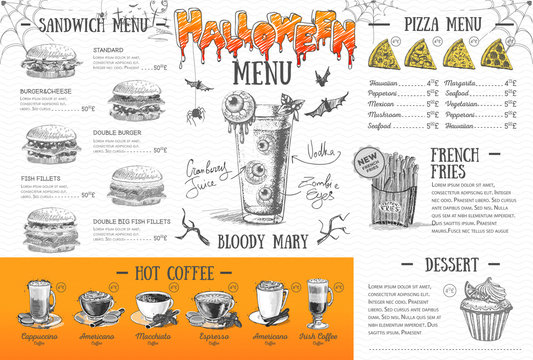 Vintage halloween menu design. Restaurant menu