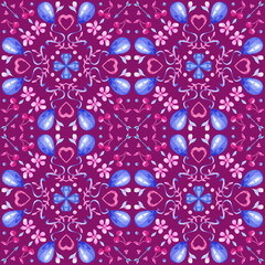 Square watercolor pattern for textile, ceramic tiles and design. Colorful painting kaleidoscope of balloon, cherry, flowers, diamond, leaves, arrow. Hand drawn pattern, print, watercolor background.