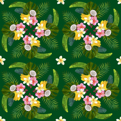 Square seamless watercolor pattern for textile, ceramic tiles and design. Colorful painting kaleidoscope of tropical leaves, flowers. Hand drawn pattern, print, tropical background.