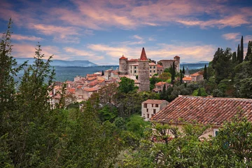 Raamstickers Callian, Var, Provence, France: landscape at dawn of the ancient village © ermess