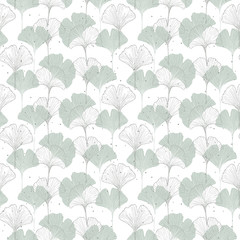 Fototapeta na wymiar Trendy Seamless Vector Pattern with Hand Drawn Ginkgo Biloba Leaves. Green Ginkgo Leaves on a White Background. Lovely Floral Repeatable Vector Pattern.