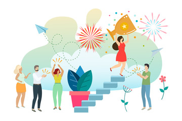 Fototapeta premium Successful woman celebrating success. Woman wins a prize and accepts congratulations up the stairs. Vector