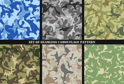 Set of Multicam Camouflage seamless patterns. Military background and texture. Camo clothes. Vector Illustration. 