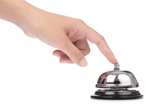 Hand Ringing In Service Bell Isolated On White Background