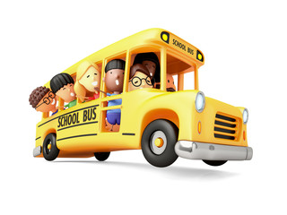 Happy elementary school kids on a cartoon yellow bus. 3D illustration.