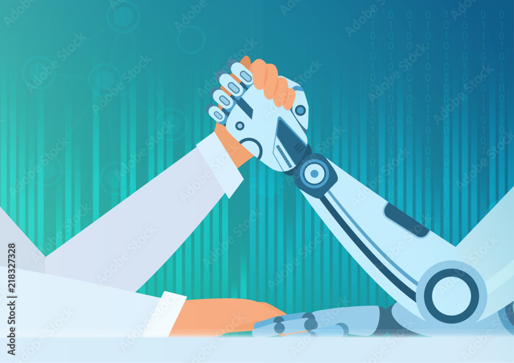 Aufkleber Arm wrestling human with a robot. Artificial Intelligence vector concept. Struggle of man vs robot.