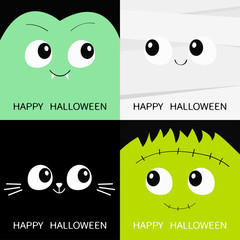 Happy Halloween. Vampire count Dracula, Mummy, black cat, zombie square face head icon set. Cute cartoon funny spooky baby character. Greeting card. Flat design White background.