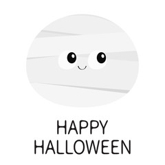 Happy Halloween. Mummy monster round face. Cute cartoon funny spooky baby character. Mum head. Greeting card. Flat design. White background. Isolated.