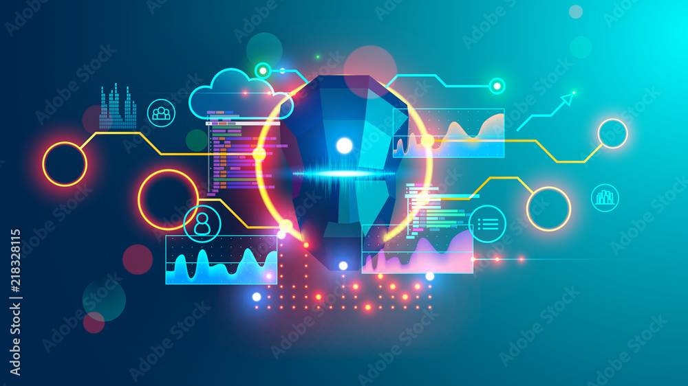 Poster Artificial Intelligence banner. Cyber Head with ai technology doodle. Robotic computer Intellect brainstorming creativity ideas for business.