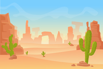 Vector cartoon illustration of Western Texas or Mexican desert silhouette. Wild west America western scene with mountains and cactus in dry desert.
