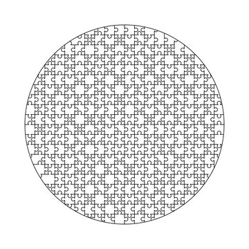 White puzzles pieces arranged in a circle shape. Jigsaw Puzzle template ready for print. Cutting guidelines isolated on white