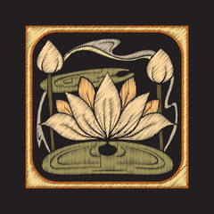 Embroidery with decorative elements in the style of ceramic tile