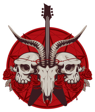 Vector illustration with skulls of a horned animal and human, electric guitar and red roses on the background of the Satan star. Creative illustration for t-shirt design in modern style