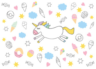 Cute Hand Drawn Unicorn Vector Illustration. Infantile Style Design. White Background with Sweets, Ice Creams, Donuts, Muffins and Candies. Pink Hearts and Yellow Stars. Bright Soft Graphic.