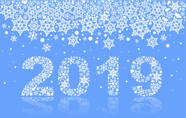2019 happy new year text number snowflake on blue background