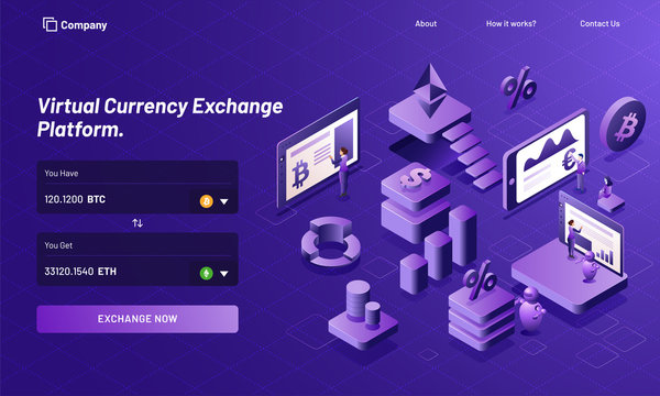 Isometric design of virtual currency exchange platform with 3d illustration of working people execute the process for responsive landing page design.