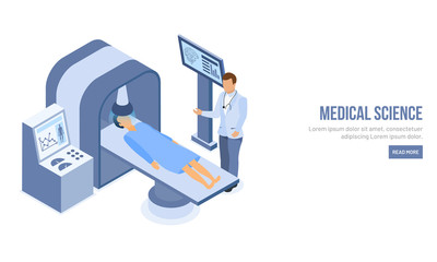 Isometric character of doctor doing tomography of a patient for Medical Science landing page design.