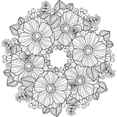 Coloring book for adults. Summer flowers. Round flowers frame.