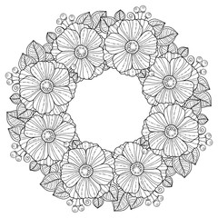 Coloring book for adults. Summer flowers. Round flowers frame.