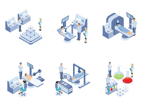 Set of medical science elements in isometric style.