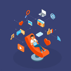 Character of man wearing earphone usine smartphone to connected with social networking sites, social media icons on blue background.