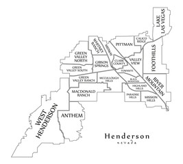 Naklejka premium Modern City Map - Henderson Nevada city of the USA with neighborhoods and titles outline map