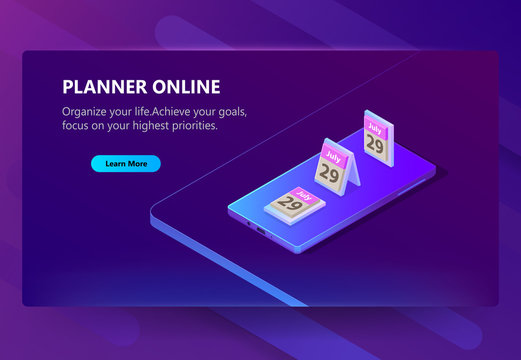 Vector 3d isometric template of site for smartphone s organizer. planner. Online page with app for time control, goal focus. Social service with schedule. Illustration in violet, ultraviolet color.