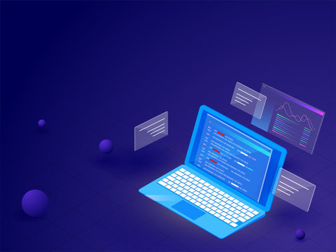 Coding and programming concept with isometric illustration of laptop with multiple screens on abstract blue background.