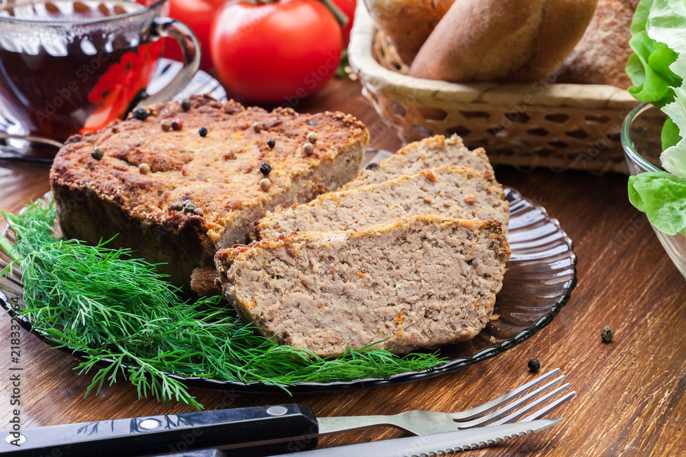 Sticker homemade delicious meat pate with chicken liver on a plate