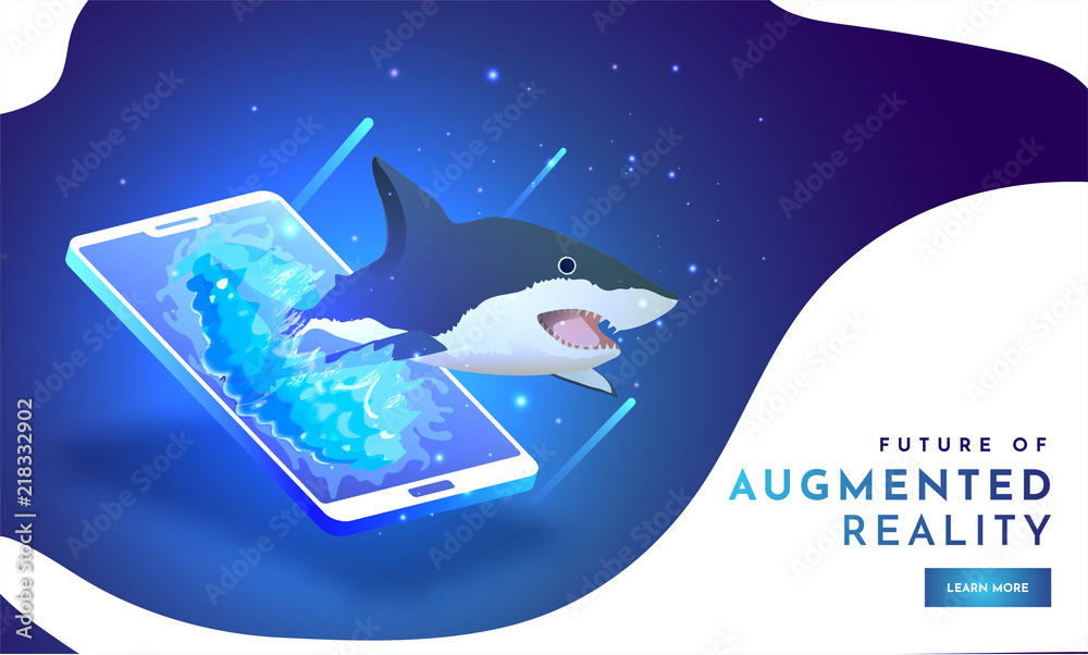 Sticker Future of Augmented Reality (AR), isometric illustration of Shark on smartphone screen on shiny blue background. Responsive landing page design.