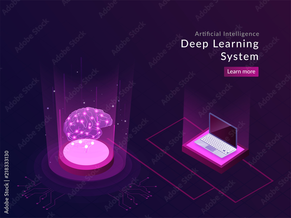 Canvas Prints artificial intelligence responsive landing page design with isometric laptop and human brain between
