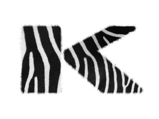 Furry font made of zebra skin texture. Character render isolated on white.