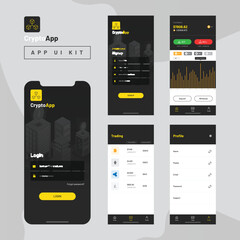 Crypto App UI Kit for responsive mobile app or website with different GUI layout including Login, Create Account, Profile, Transaction and trending screens.
