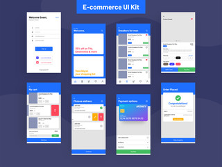 Fototapeta na wymiar E-Commerce UI Kit for app development, phone mockups and wireframe screens.