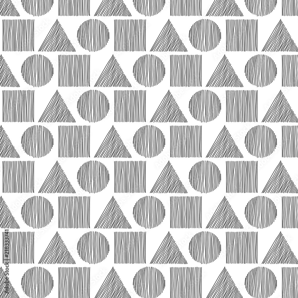 Poster seamless black triangle, cicle and square hand drawn a pattern isolated on white background. geometr